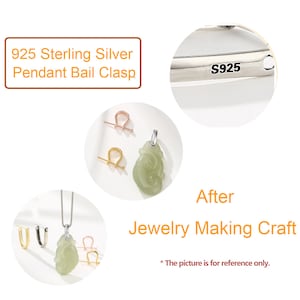 May include: A close-up of a silver pendant bail clasp marked "S925" indicating it is made of 925 sterling silver. The clasp is shown with a green jade pendant featuring a detailed carving. The image also shows two additional clasps in gold and rose gold.
