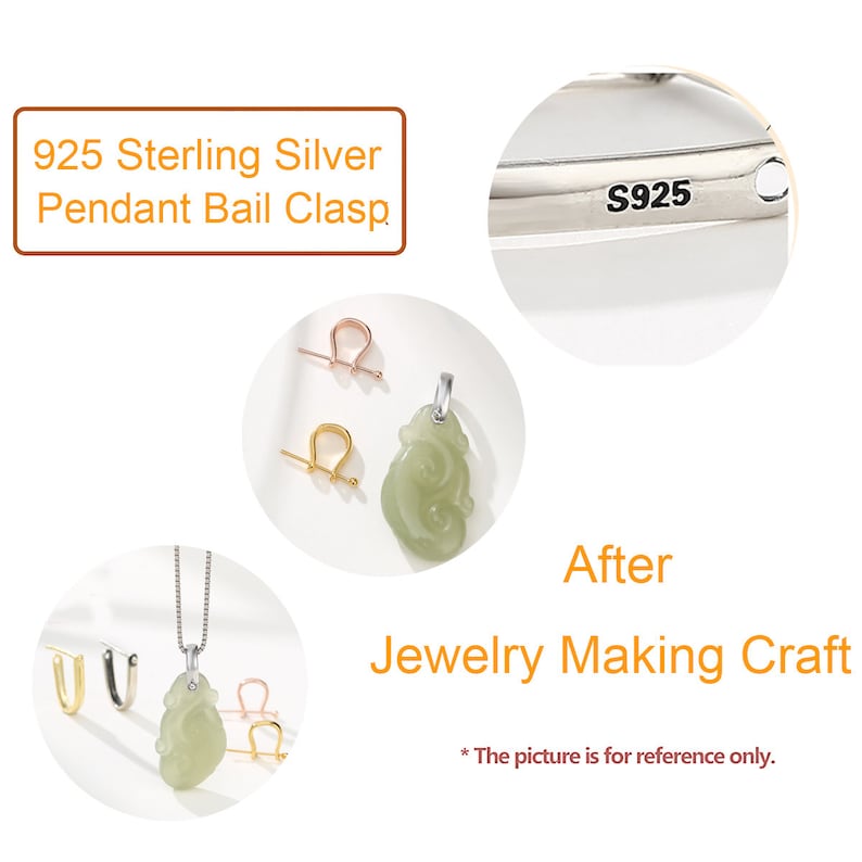 May include: A close-up of a silver pendant bail clasp marked "S925" indicating it is made of 925 sterling silver. The clasp is shown with a green jade pendant featuring a detailed carving. The image also shows two additional clasps in gold and rose gold.