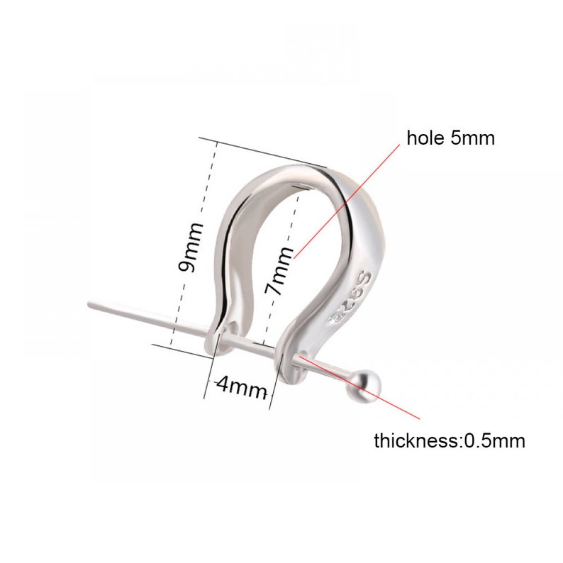 May include: Silver earring finding with a 7 mm diameter hoop, 4 mm post, and 5 mm hole. The finding is 9 mm tall and 0.5 mm thick.