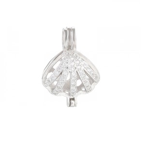 925 Sterling Silver Shell Pearl Cage Open Hollow Locket Hold 4-8mm Ball Charm Pendan for Necklace jewelry Making Craft(Platina Color)