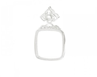 May include: Silver square coin bezel pendant with a decorative top. The bezel is designed to hold a square coin.
