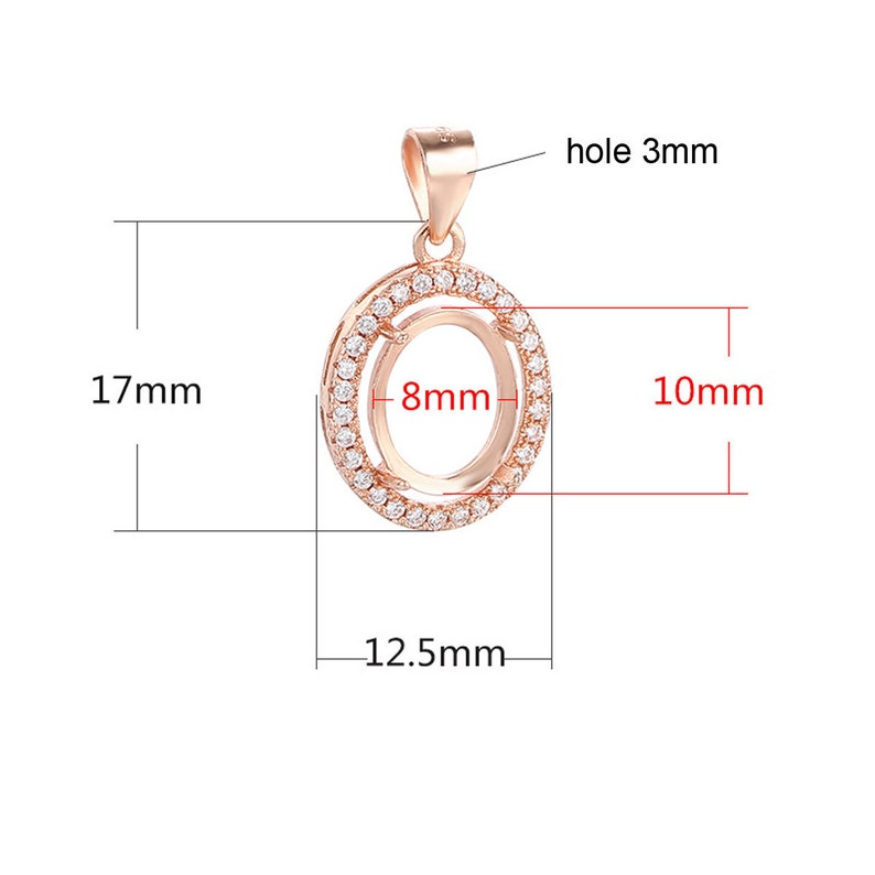 K&ouml;nnte beinhalten: Rosenvergoldeter Anh&auml;nger mit einer runden Zargenfassung f&uuml;r einen 8 mm Stein. Der Anh&auml;nger ist 17 mm hoch und 12,5 mm breit. Das Loch f&uuml;r die &Ouml;se ist 3 mm.
