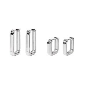 May include: Set of three silver hoop earrings with a rectangular shape and a grooved design.