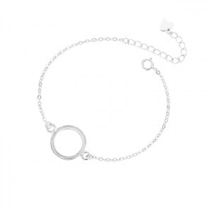 May include: A silver bracelet featuring a circle charm. The bracelet has a lobster clasp and a heart-shaped charm on the extender chain.