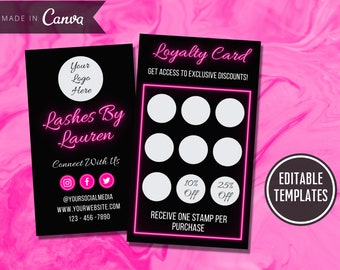 DIY Neon Pink Customer Loyalty Card, Editable Reward Punch Card Template,  Beauty Referral Discount