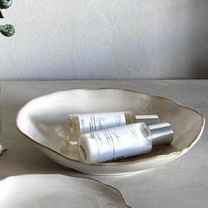 Key Bowl Console Table Dish White Beige Shallow Decorative artisan bowl irregular edges neutral Jewellery Tray Jewelry trinket dish entryway