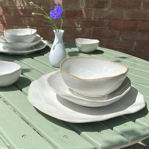 6 Piece Dinner Set white ceramic pottery set for 2 irregular unique reactive glaze dinner plate shallow bowl cereal bowl set 10&quot; inch plate