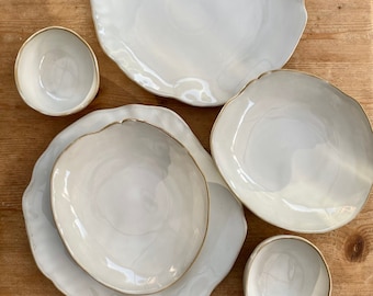 6 Piece Dinner Set White Pottery Dinnerware for 2 place settings irregular neutral dinner plate shallow bowl & tapas bowl set 10 inch plate