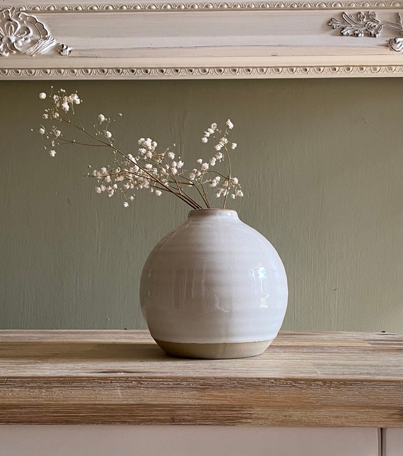 Small Round Ceramic bud Vase Natural Clay White reactive Glaze for dried flowers fresh flowers beige cream decorative vase image 8