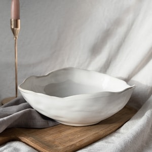 Large White Serving Bowl Ceramic Dinner Set centrepiece Salad Bowl rustic fruit bowl irregular organic shaped edges neutral reactive glaze