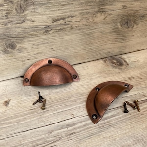 Cup Handle Antique Copper solid Metal Kitchen Cabinet Cupboard door Pull Vintage drawer knob Hardware Rustic English Shaker old Cottage core