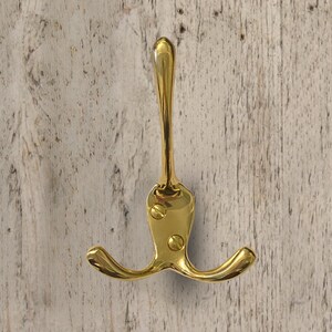 Coat Hook Victorian Polished Brass 115mm vintage style boot room hat hooks hanger gold coloured brass rustic 3 prong multi metal robe hook