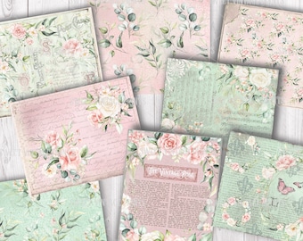 Vintage Rose, Digital Paper Pack, Shabby Rose Junk Journal, pink, green, Ephemera, Journal Pages, Journal Kit, instant download, printable