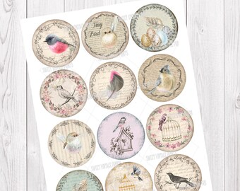 Pascua, Pájaros, Vintage, Etiquetas circulares, diario basura, efímera, pájaros de pascua, primavera, digital, descarga instantánea, francés, Shabby,Papeles, imprimir