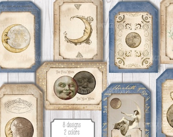 Moon Tags, Vintage, Moon Labels, Tag flip, junk journal, ephemera, digital, moon cards, labels, Papers, instant, download, printable, clm