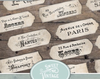 Vintage French Street Labels, vintage craft tags, shabby, Junk Journal snippets, Ephemera, journal words, printable, instant, digi download