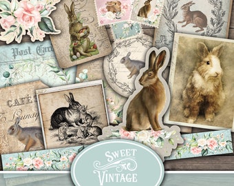 Rabbits & Roses Ephemera Pack, French Rabbits Junk Journal, Easter Ephemera, Easter Bunny Ephemera, French Rabbit Ephemera printables rbr