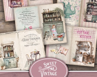 Può includere: Una collezione di pagine di diario di cucina in stile vintage. Le pagine presentano illustrazioni di mobili da cucina, teiere e generi alimentari. La tavolozza dei colori comprende rosa, blu e crema tenui, con il testo "Download istantaneo" e "Sweet Vintage Prints".