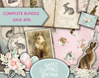 Kaninchen & Rosen Junk Journal BUNDLE, Französisches Kaninchen Junk Journal, Vintage Ostern Junk Journal, Französisches Kaninchen Ephemera, Häschen Journal