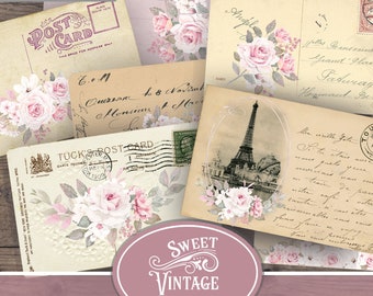 French Rose Postcards,  Rose Journal Ephemera, Rose Ephemera Card, Pink Junk Journal, pink ephemera, shabby rose paper, pink rose printables