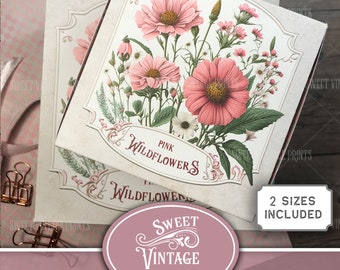 Printable Box, Vintage Flower Box,  Pink Wildflower Box Kit, printable Ephemera Journal Box, DIY Paper Box Kit,  Paper box digital download