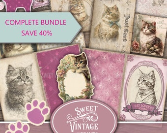 Cat Lover's Junk Journal Kit, Cat Junk Journal BUNDLE, Cat Ephemera, Cat Junk Journal Ephemera, Cat digital paper, Cat printable journal kit
