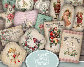 Tarjetas efímeras navideñas, etiquetas imprimibles navideñas vintage, efímeras nostálgicas del diario basura de Navidad, descarga digital navideña