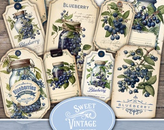 vintage Blueberry Ephemera Tags, étiquettes de myrtille, étiquettes de confiture de myrtille, Blueberry Junk Journal Ephemera, imprimables de myrtille,