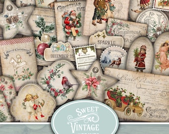 May include: A collection of vintage Christmas ephemera, including postcards, tags, and star-shaped ornaments. The designs feature illustrations of Santa Claus, children, and winter scenes, with text that reads "Merry Christmas" and "Happy Holidays". The overall color palette is muted with a vintage aesthetic.