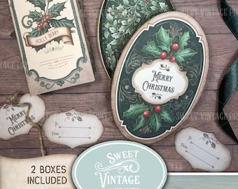 Printable DIY Christmas Gift Box, Holiday Box Digital Download, Christmas Gift Wrapping Kit, Holly Digital Gift Case, Vintage Box Print crf