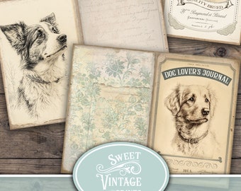 May include: A set of printable junk journal pages featuring vintage illustrations of dogs. The pages include a striped pattern, a floral pattern, and a dog breed label with the text "Royal Quality Breed H. Raymond et Berard" and a dog journal page with the text "Dog Lover's Journal".