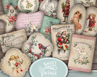 Tarjetas navideñas efímeras, etiquetas imprimibles navideñas vintage, efímeras navideñas nostálgicas para diarios basura, descarga digital navideña
