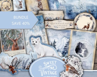 A Winter's Tale Junk Journal BUNDEL, Winter Junk Journal, Winter Digital Papers, Vintage Winter Papers, Winter Ephemera, Winter Printables