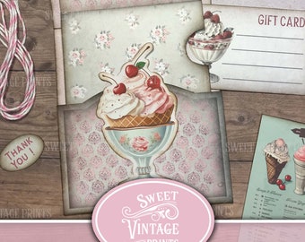 Porte-cartes cadeau crème glacée imprimable | Carte-cadeau DIY Téléchargement numérique pour crème glacée | Invitation crème glacée PDF | sweetvintageprints | ic