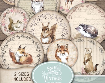 Autumn Junk Journal ephemera, Forest Animals Circle Tags, Printable Fox Squirrel Digital Paper, Woodland Creatures | Sweetvintageprints wlc