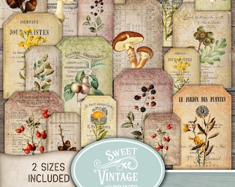 Autumn Forest, fall, plants, Vintage, Labels, Tag flip, junk journal, ephemera, digital, cards, labels, Shabby, instant download, printable