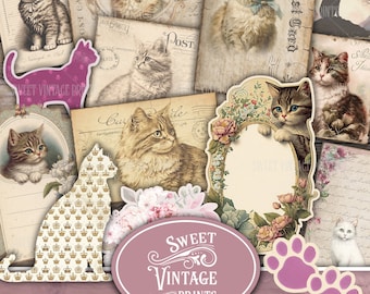 Puede incluir: Una descarga digital de efímeras imprimibles de temática vintage para el diario. Las efímeras incluyen imágenes de gatos, postales y diseños florales. El texto "Sweet Vintage Prints" y "Cat Lover's Journal Ephemera Pack" está incluido en la imagen.