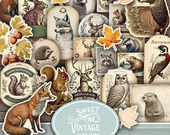 Junk Journal Ephemera Woodland Creatures, Autumn Forest Animals Printable Ephemera, Woodland PDF téléchargement numérique