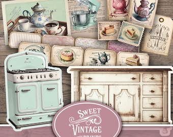 Puede incluir: Un collage digital de efímeras de cocina vintage, que incluye una estufa de color verde azulado y blanco, un armario blanco con pintura desgastada y varias etiquetas e ilustraciones. El texto "Sweet Vintage Prints" y "Cottage Kitchen Ephemera Pack" está incluido en la imagen.