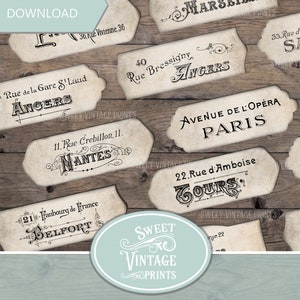 étiquettes de rue françaises vintage, étiquettes d'artisanat vintage, minables, extraits de Junk Journal, Ephemera, mots de journal, imprimable, instantané, téléchargement digi