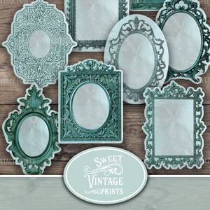 May include: Set of eight vintage-style frames with ornate designs in teal green. The frames are on a wood background. The text "INSTANT DOWNLOAD" and "SWEET VINTAGE PRINTS" is visible in the image.
