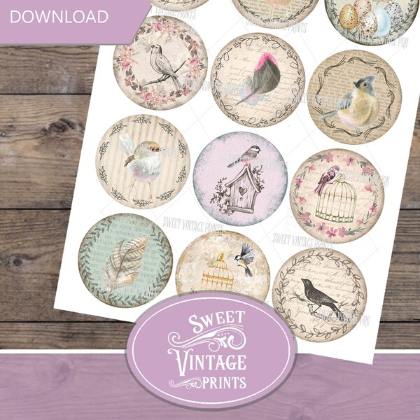 Birds, Vintage, Circle Tags, junk journal, ephemera, birds of a feather, spring, digital, instant download, French, Shabby,Papers, printable