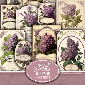 Etiquetas vintage lila ephemera, etiquetas lila, diario basura lila, efímera lila, etiquetas lilas en mal estado, imprimibles de primavera lila, descarga lila