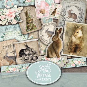 Pacote de itens efêmeros de coelhos e rosas, diário de lixo de coelhos franceses, itens efêmeros de Páscoa, itens efêmeros de coelhos da Páscoa, itens efêmeros de coelhos franceses para impressão rbr