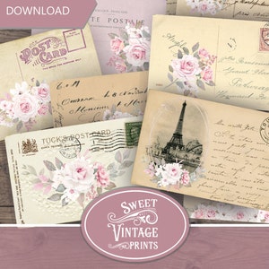 Postales de rosas francesas, Rose Journal Ephemera, Paris Card, Pink Junk Journal, phemera de San Valentín, papel rosa en mal estado, rosa rosa imprimible, svl