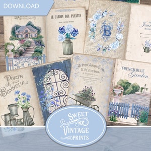 Junk Journal French Blue Garden, Sommer Junk Journal Seiten, Blaues Digitales Papier, French Blue Journal Ephemera, French Blue Garden Printables