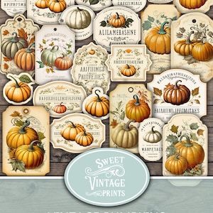 Etichette effimere di zucca, etichette di zucca vintage, effimere del diario di spazzatura autunnale, etichette di zucca, etichette di zucca, download di pdf stampabili di zucca