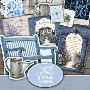 Pacote de coisas efêmeras French Blue Garden, Summer Junk Journal, French Blue Journal Ephemera, French Blue Garden para impressão