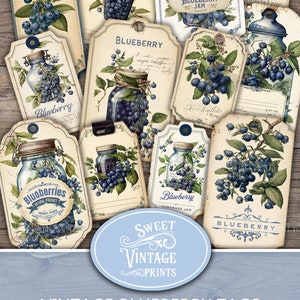 Vintage Blaubeer Ephemera Tags, Blaubeeretiketten, Blaubeermarmeladeetiketten, Blaubeer Junk Journal Ephemera, Blaubeerfarben,