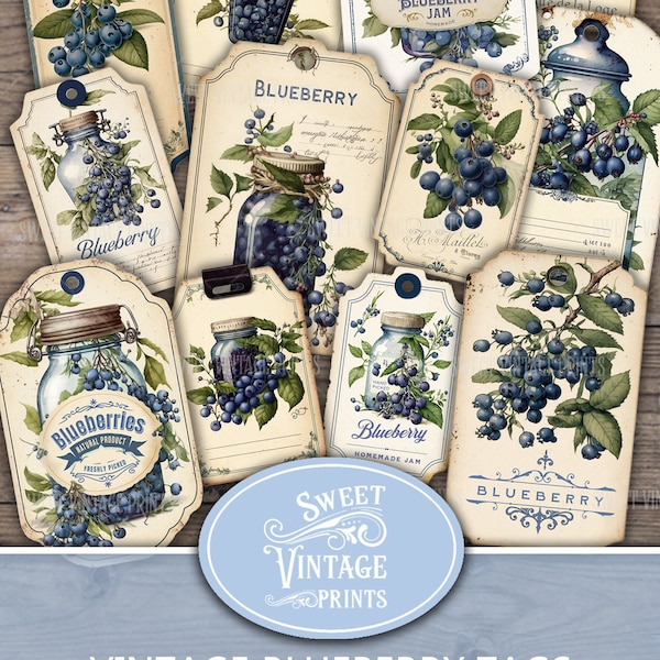 Vintage Blueberry Ephemera Tags, Blueberry Labels, Blueberry jam labels, Blueberry Junk Journal Ephemera, Blueberry printables,